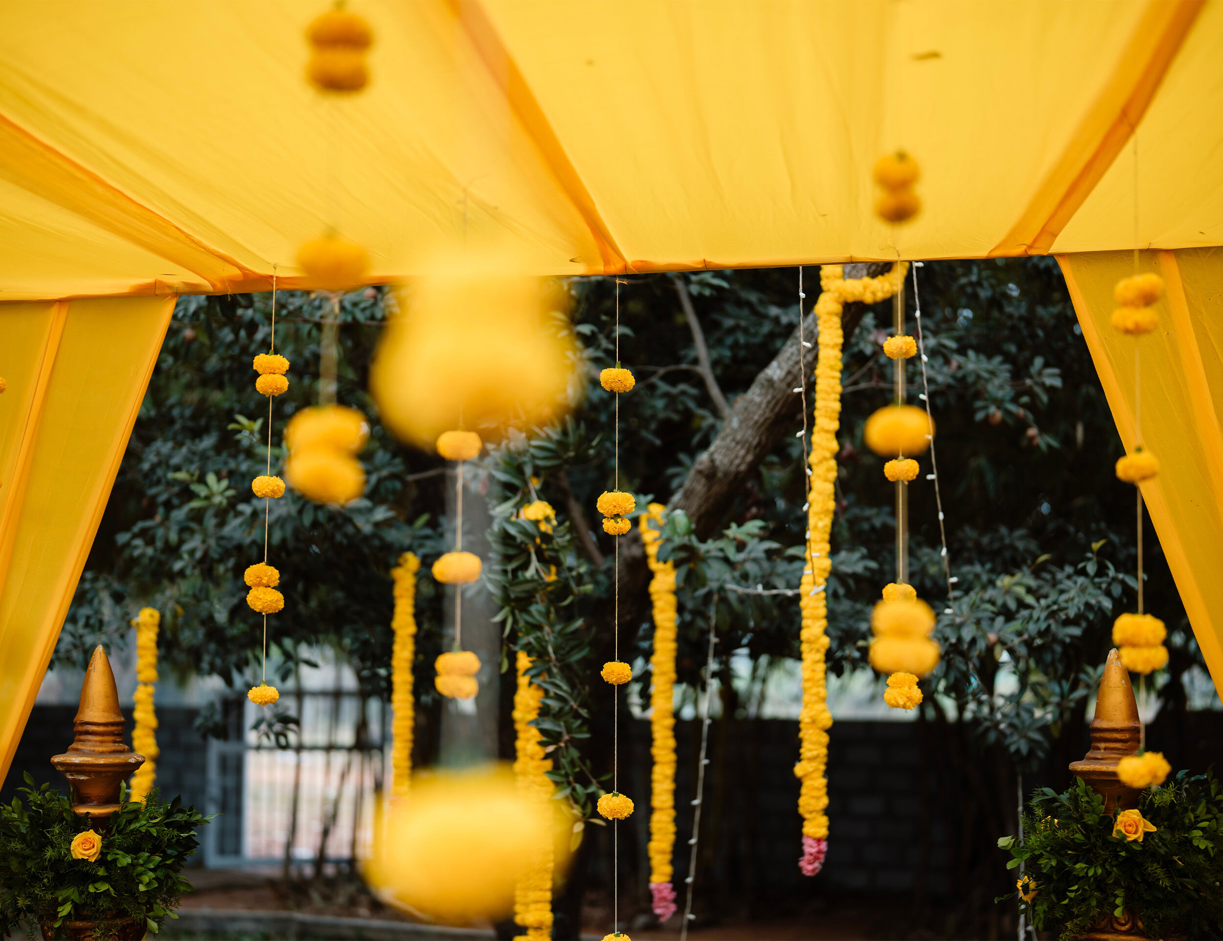 A handmade Haldi decoration with yellow flowers and yellow clothes